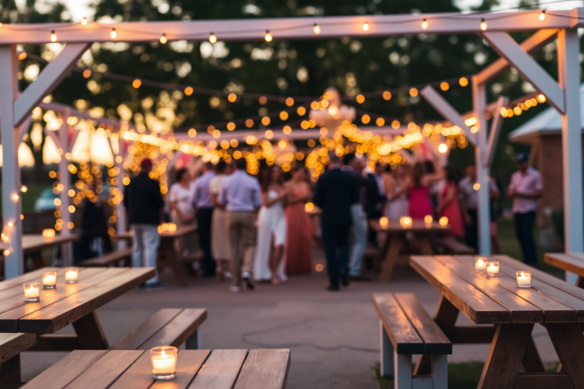 Festlich gedeckte Party-Tafel mit Lichterketten